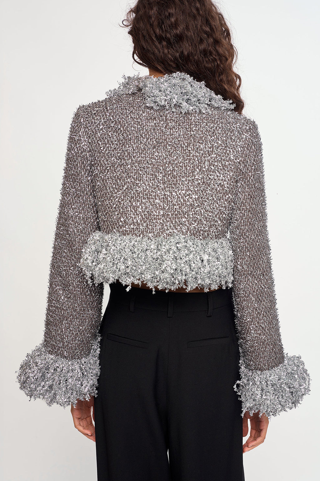 SILVER METALLIC CROPPED FRINGE JACKET *pre-order*