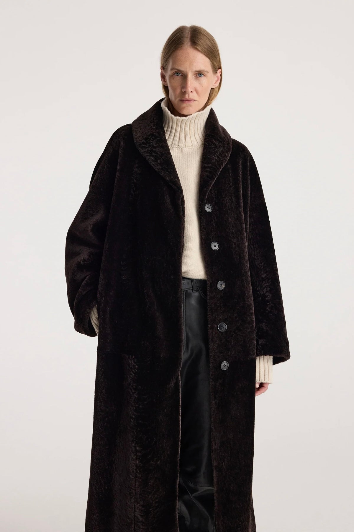 SHEARLING LEATHER SHAWL COLLAR COAT