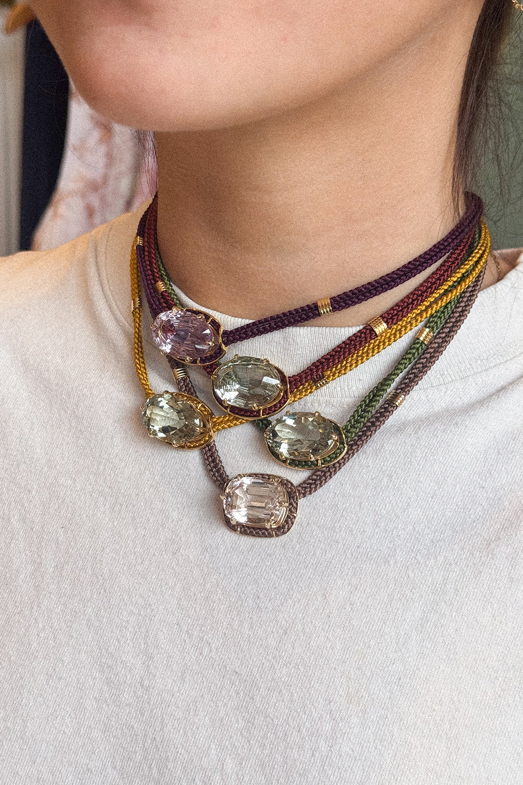 CONCAVE CUT PURPLE AMETHYST SILK CORD PENDANT NECKLACE